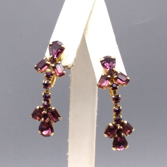 Purple Glam Crystal Drop Earrings, Gold Tone Screw Backs - Picture 1 of 4